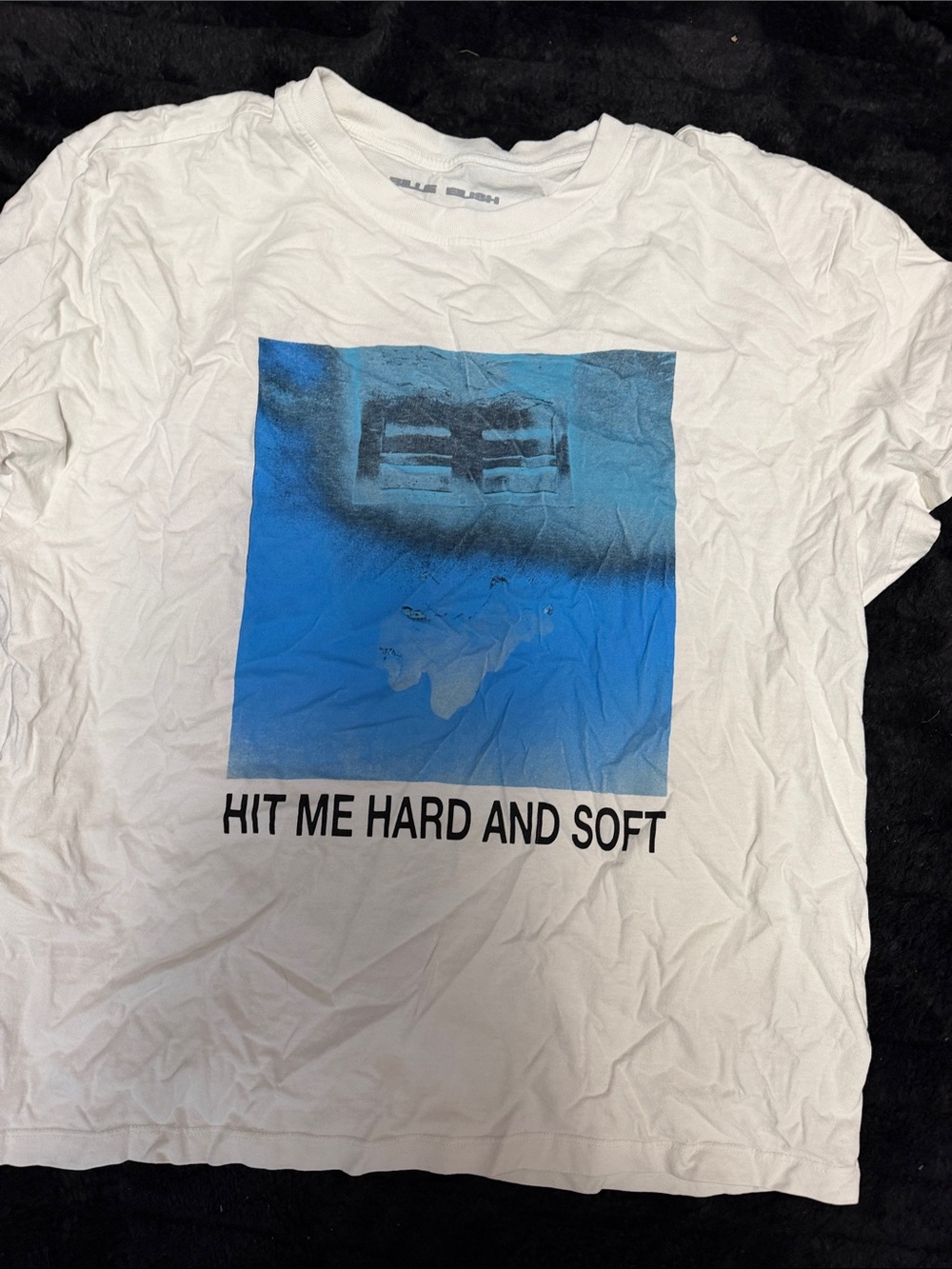 White Short Sleeve Graphic Tee with Blue Square Print